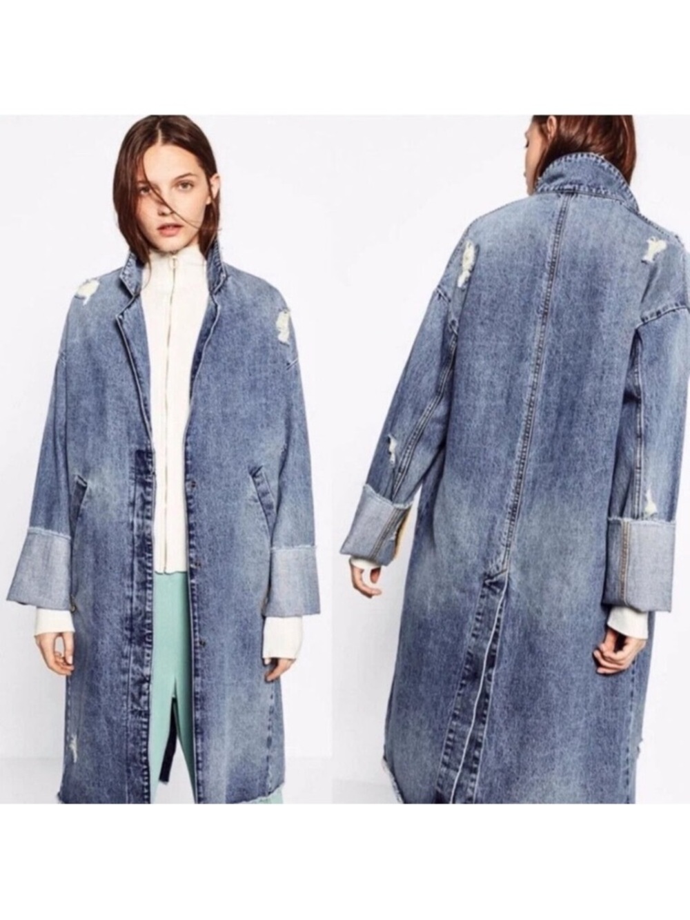 Zara Trench Coat Blue Distressed Denim Button Snap Fray Jacket